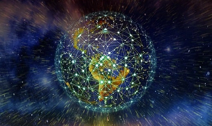 Global network of interconnected points over Earth with radiating light beams symbolizing worldwide connectivity