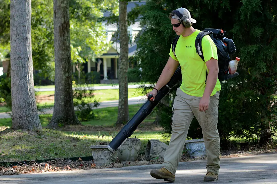 Landscaper in bright yellow shirt using leaf blower on residential sidewalk while wearing backpack blower