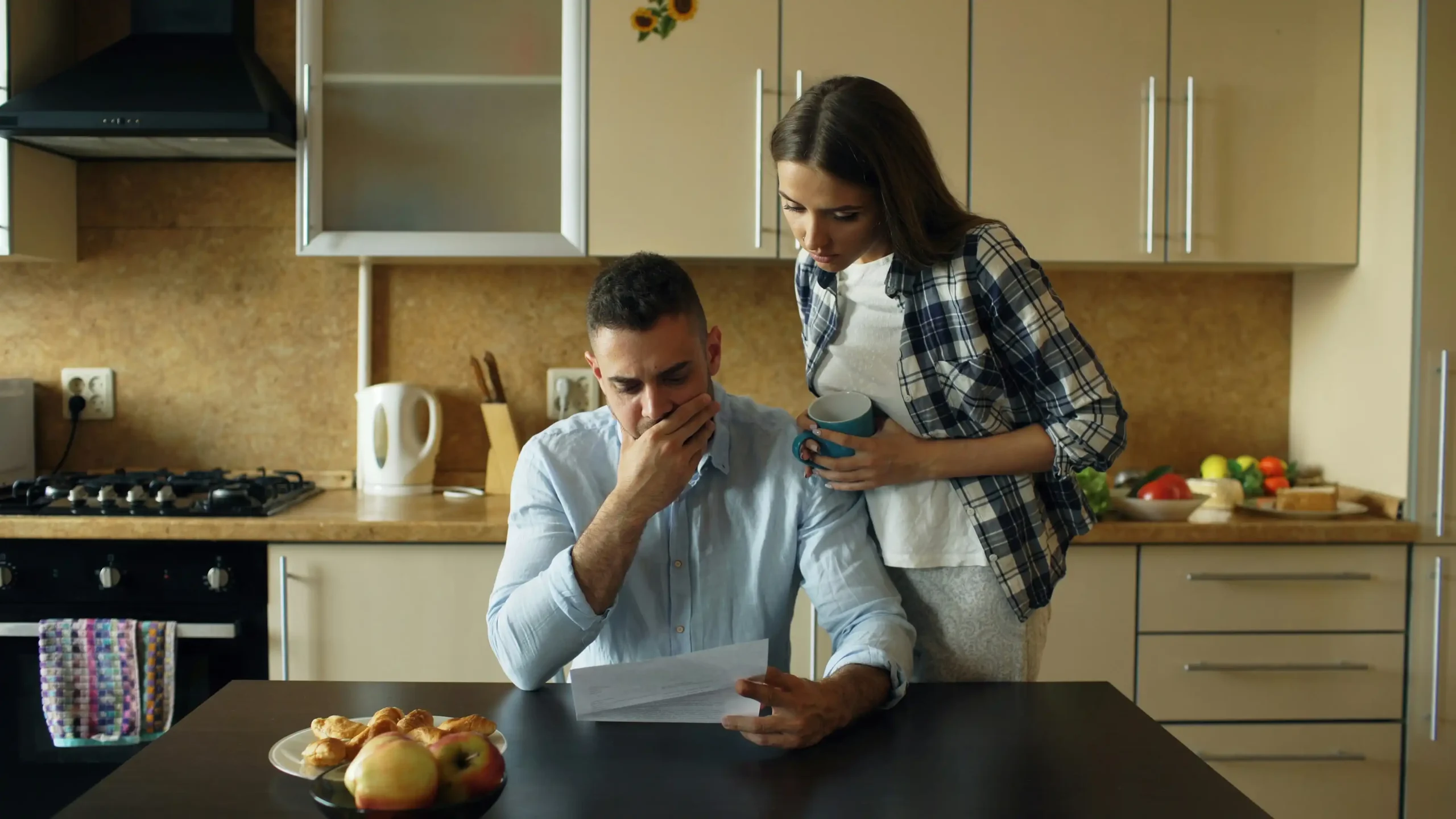 Concerned couple reviewing document together at kitchen table while having coffee
