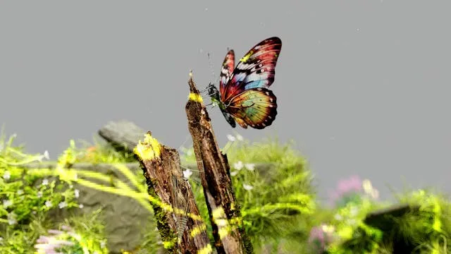 Colorful butterfly perched on dried branch with green moss and blurred background